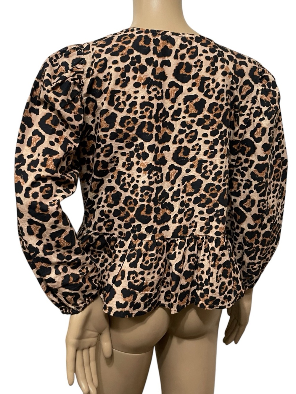 Sim & Sam Leopard Print Babydoll Peplum Tie Front Long Puff Sleeve Boho Top SZ M - Picture 8 of 16